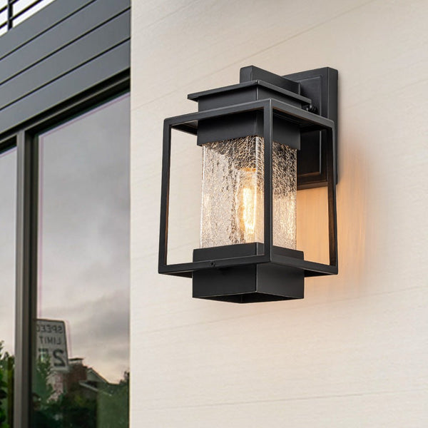 IP23 Satin Black Lantern Glass Outdoor Wall Sconce